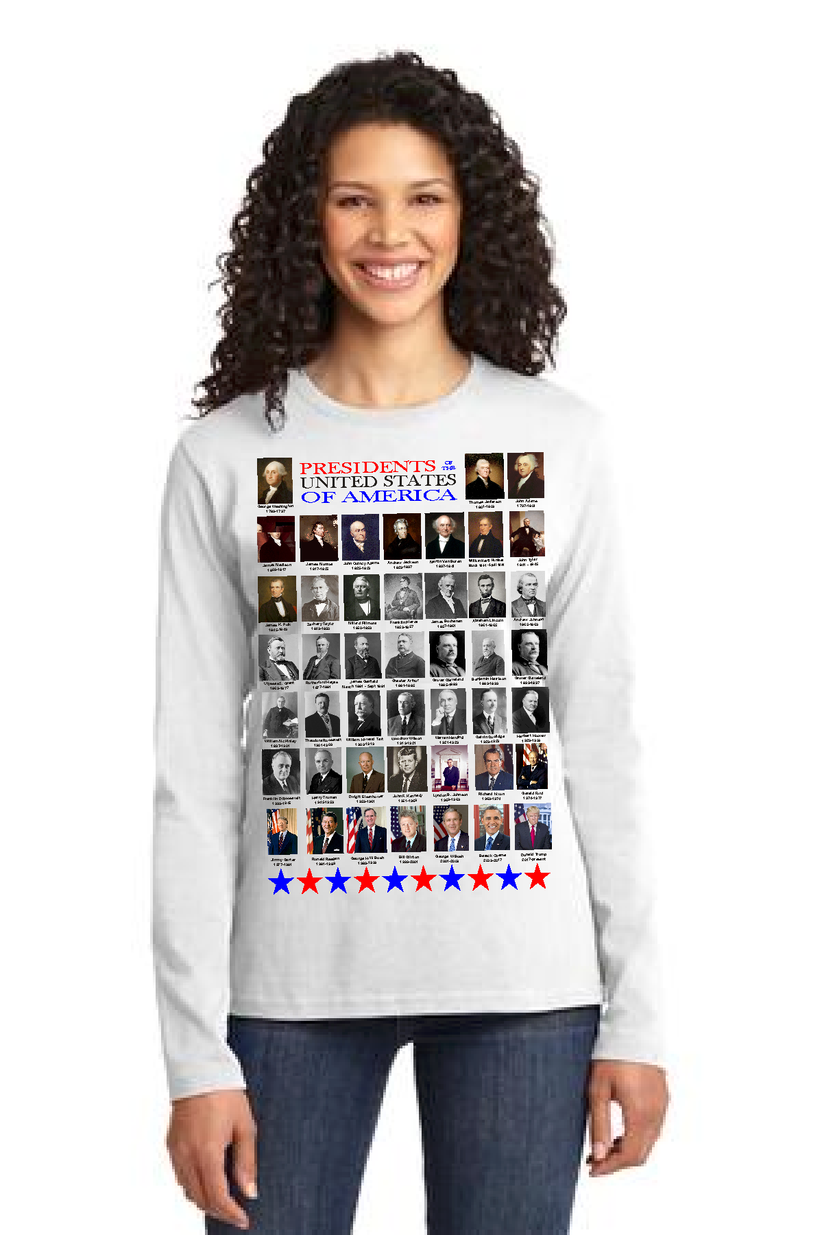 Presidents Day Picture List of all Presidents on Ladies Long  Sleeve Shirt